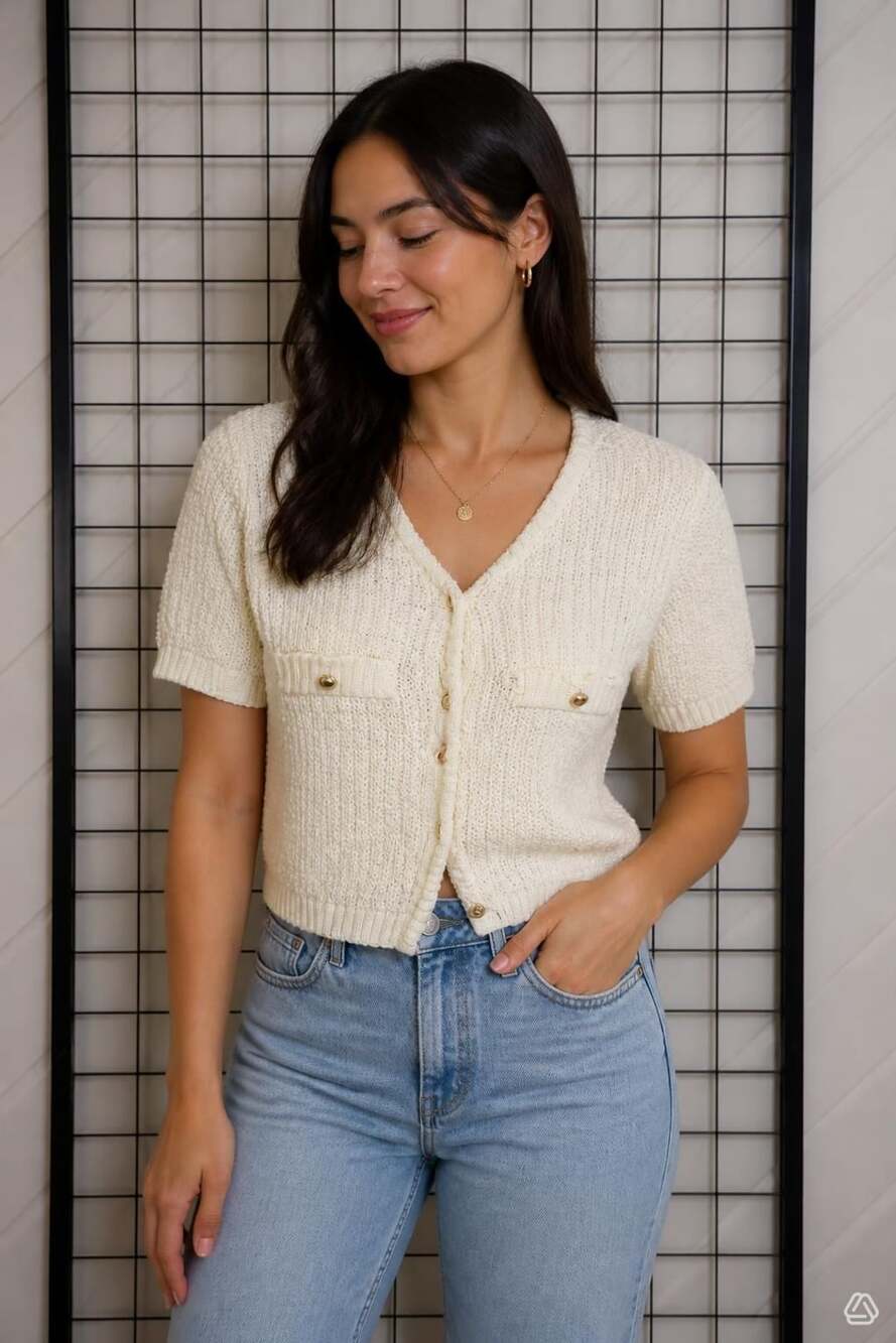 Cream Short Sleeve Knit Button-Up Cardigan